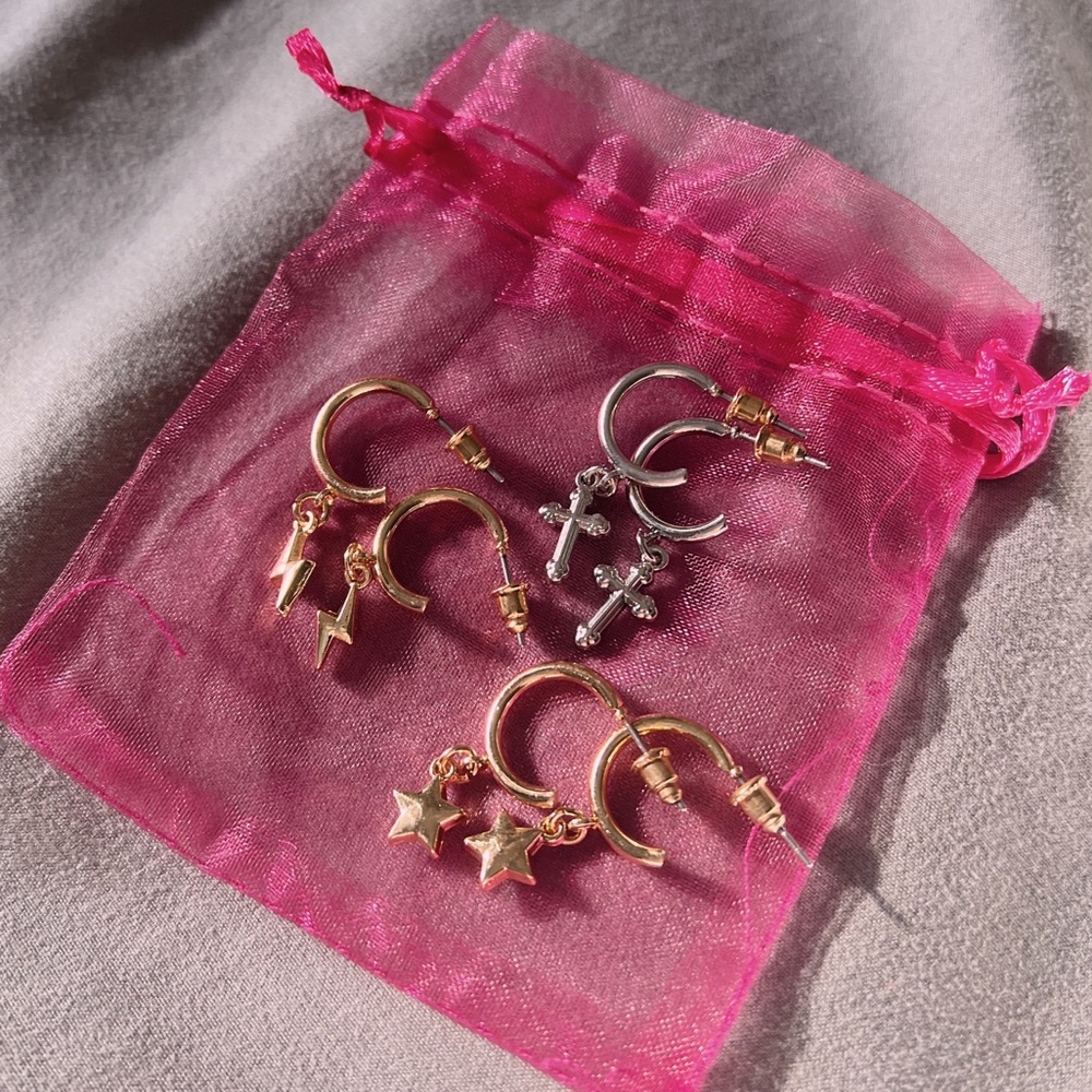 NWOT Wild Fable Lightning, Cross & Star Hoop 3pc Earrings Set